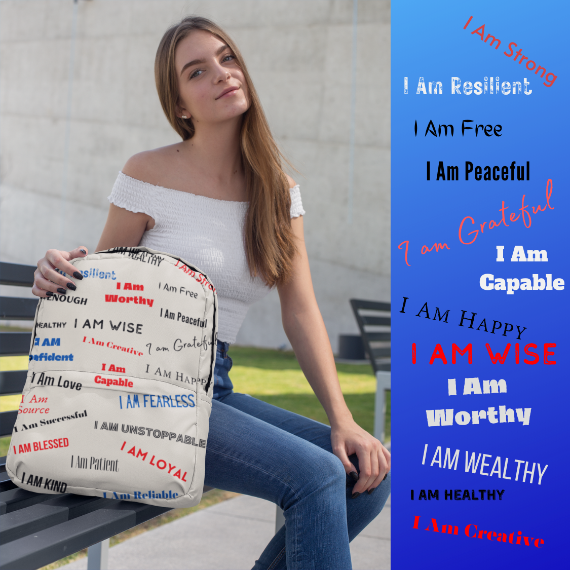 Woman with backpack with I Am Affirmation printed on it